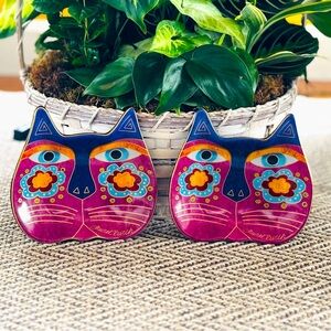 Set of 2 Laurel Burch Cat Face Dish, Trinket Plates, Like New